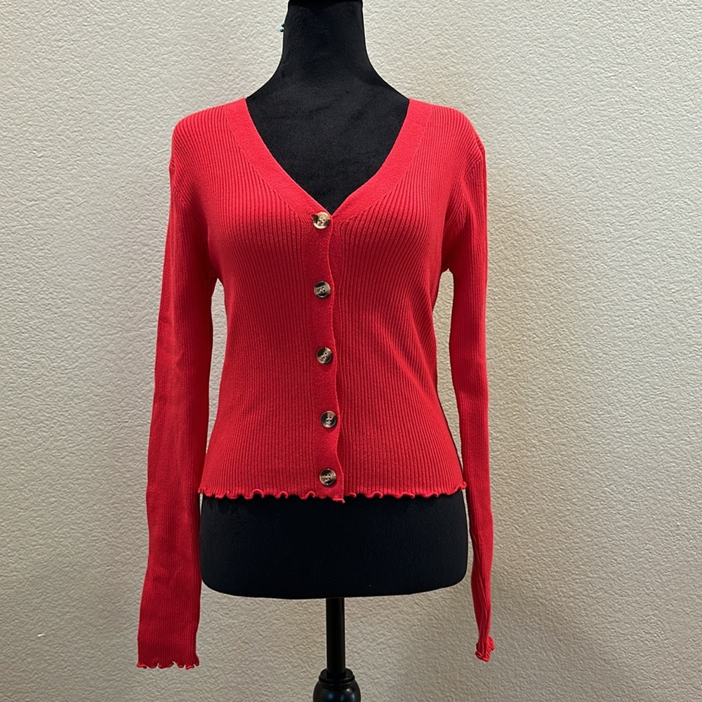 Red Button Up Sweater - Picture 3 of 5